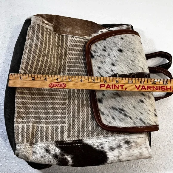 Myra Bag Handmade Crossroads Backpack Upcycled Canvas Cowhide Leather Patchwork - Picture 13 of 16